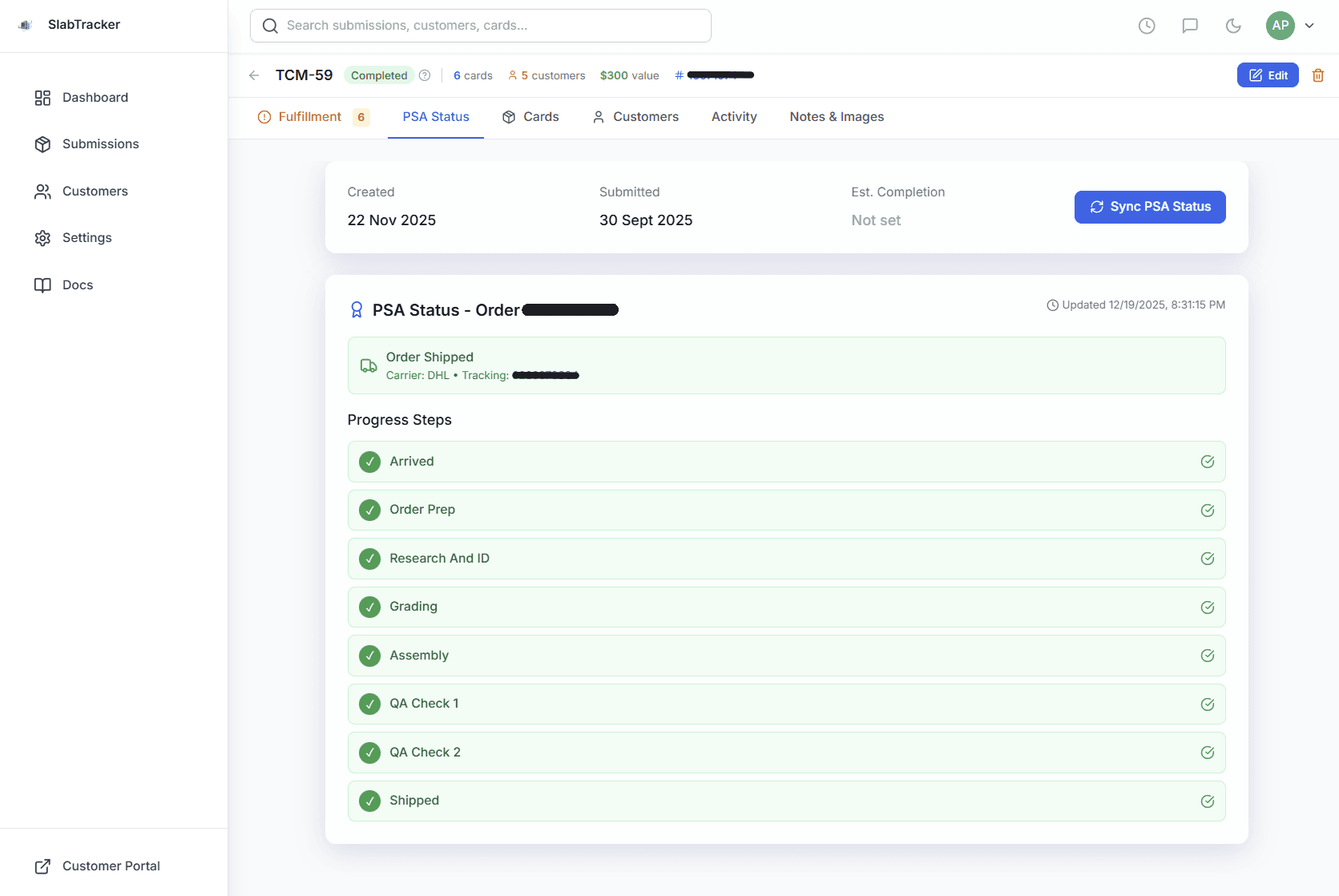 TrackMySlabs PSA status tracking