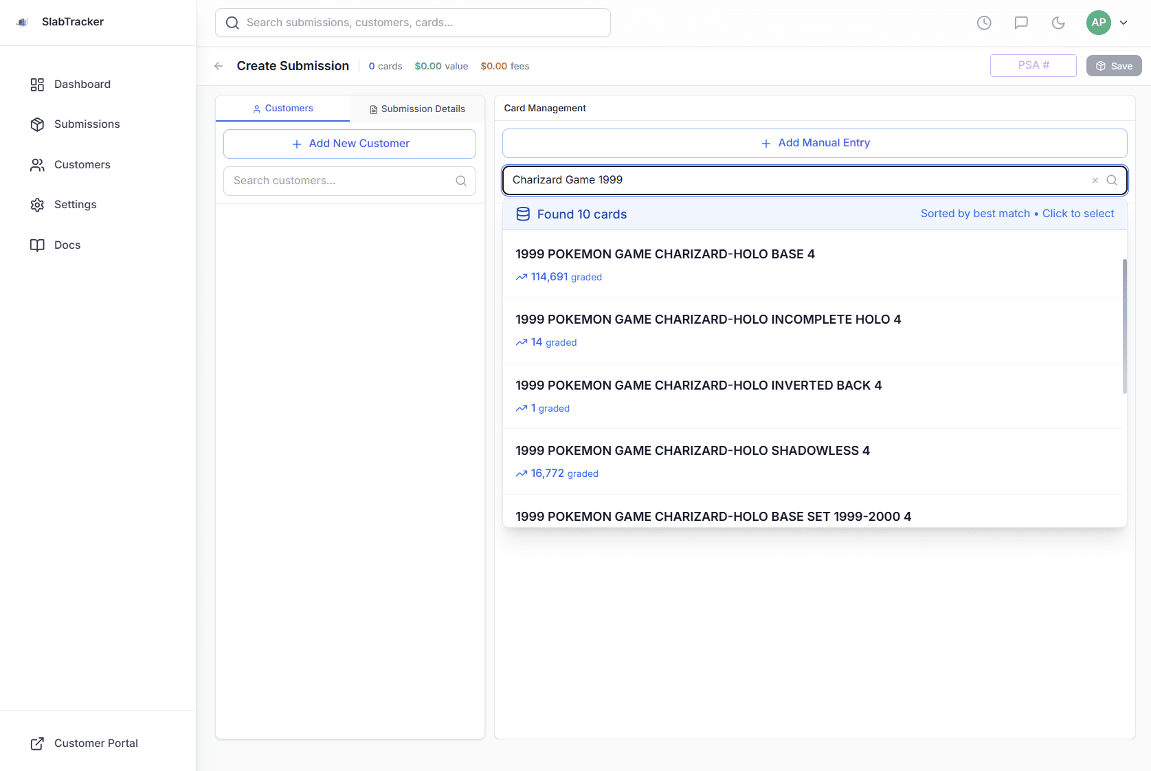 TrackMySlabs card search feature