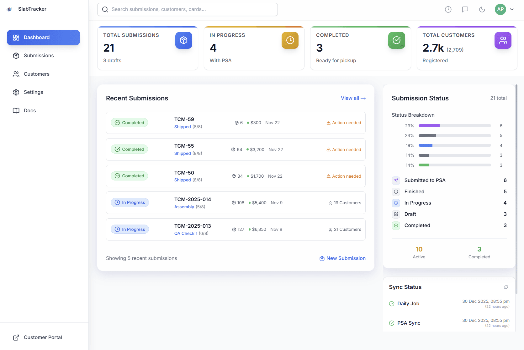 TrackMySlabs dashboard showing PSA submission tracking